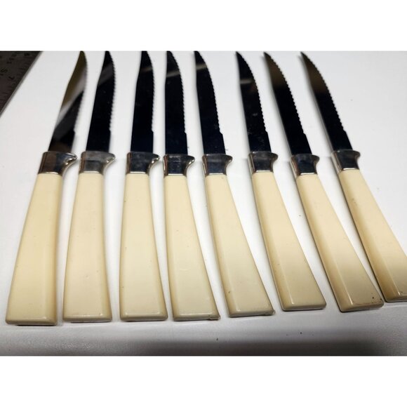 8- Regent Sheffield Bakelite Handle Steak Knives Vintage Set Leaf Cream Brown - Picture 4 of 6